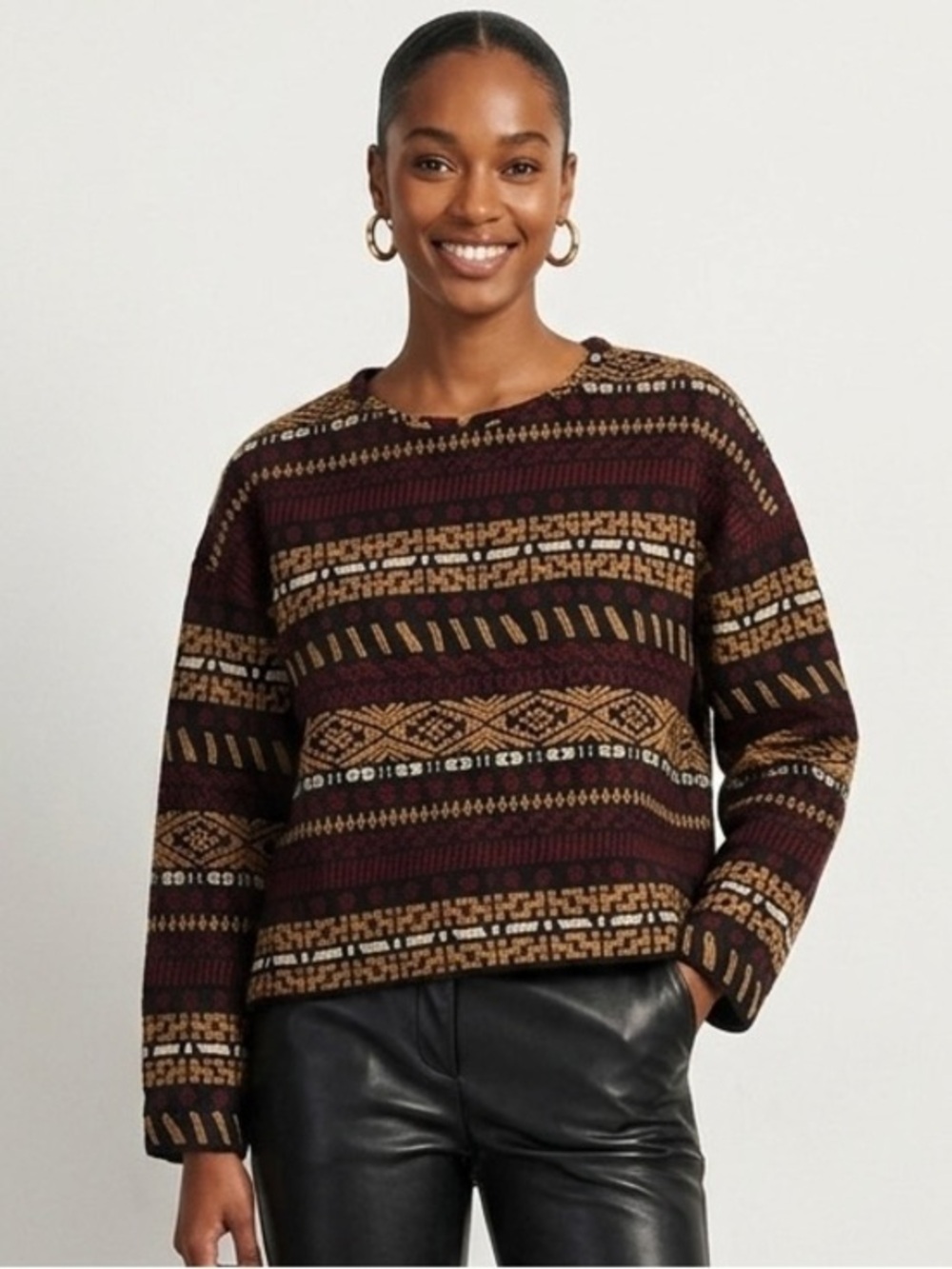 Zara Jacquard Textured Boxy Top Ethnic Tribal Fall Burgundy Black Tan Size Small
